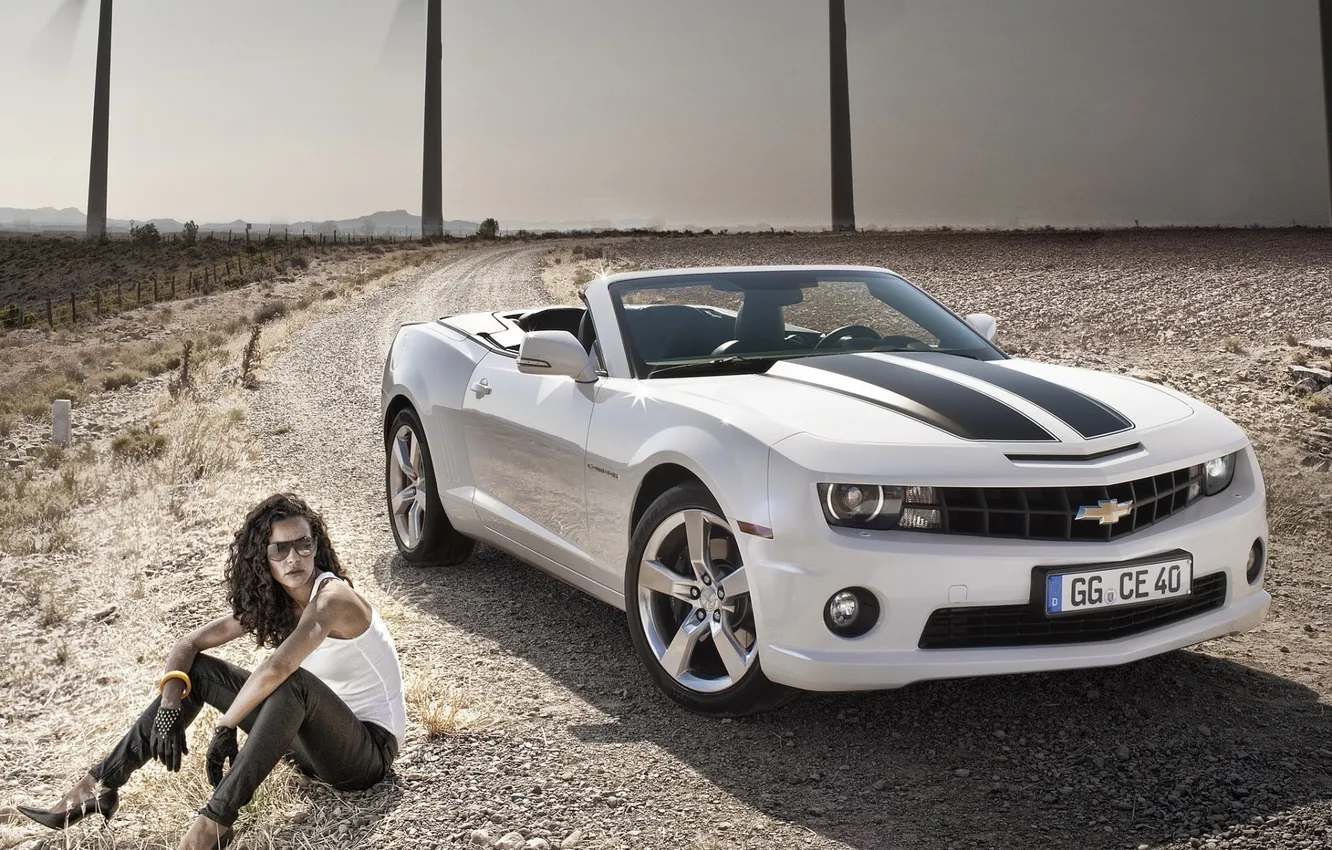 Photo wallpaper road, white, girl, desert, convertible, muscle car, camaro, chevrolet