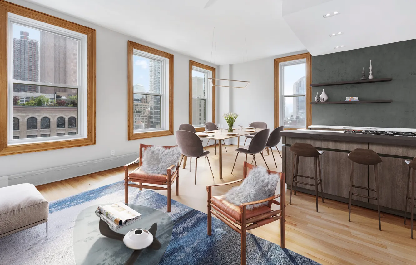Photo wallpaper design, style, interior, kitchen, New York, megapolis, living room, dining room