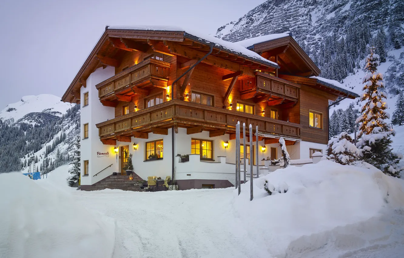 Photo wallpaper winter, roof, snow, mountains, room, frame, tree, home