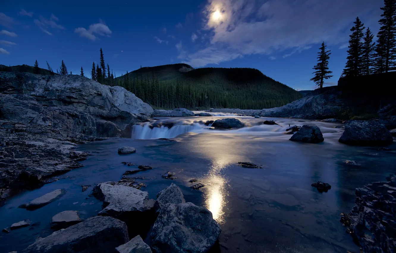 Photo wallpaper trees, landscape, mountains, river, stones, the evening