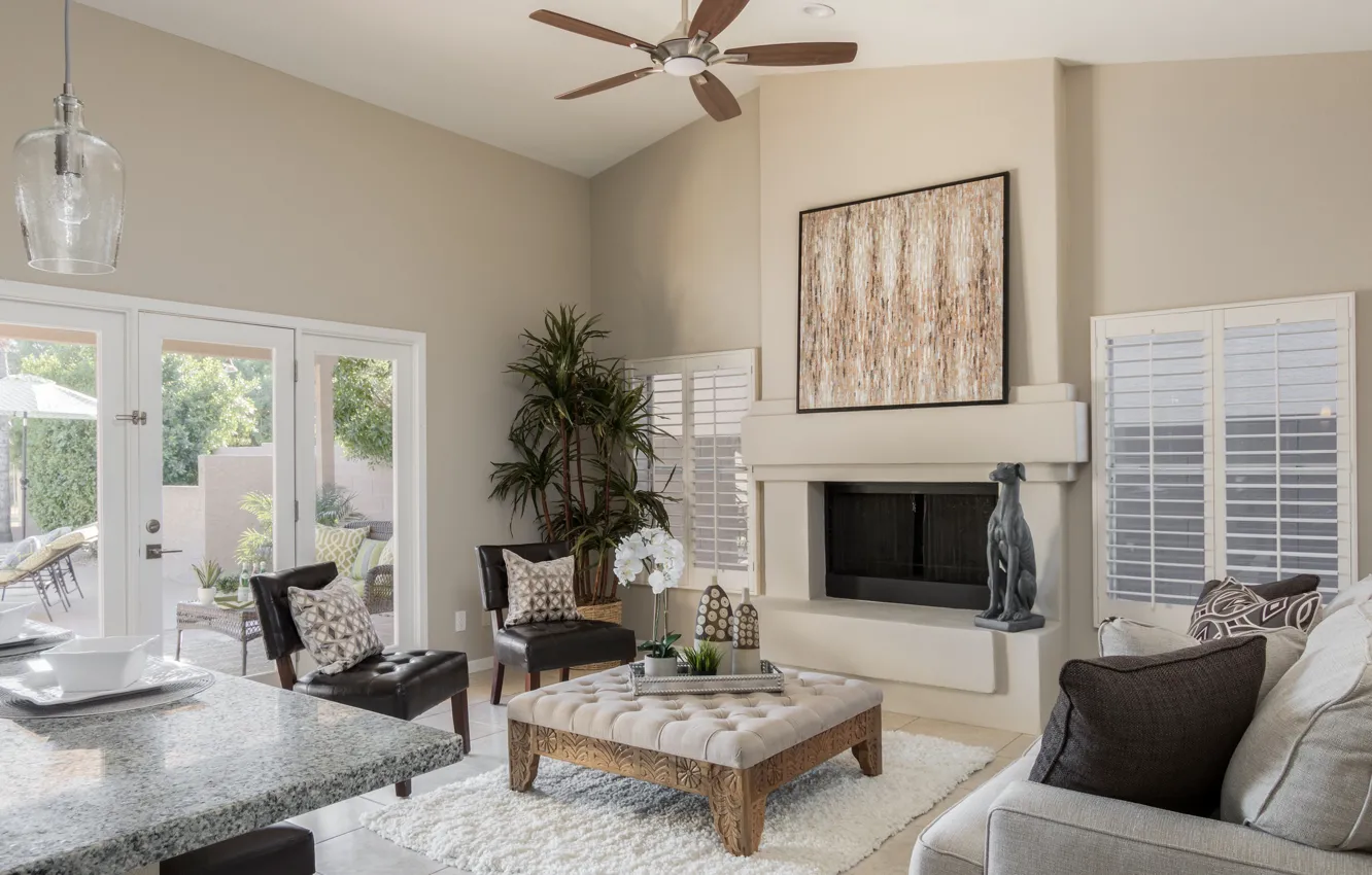 Photo wallpaper sofa, carpet, fireplace, table, pot, living room