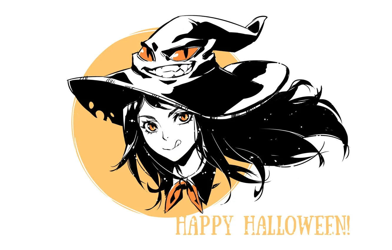 Photo wallpaper white background, Halloween, Halloween, yellow eyes, witch hat, witch, stuck out his tongue, by Saikono