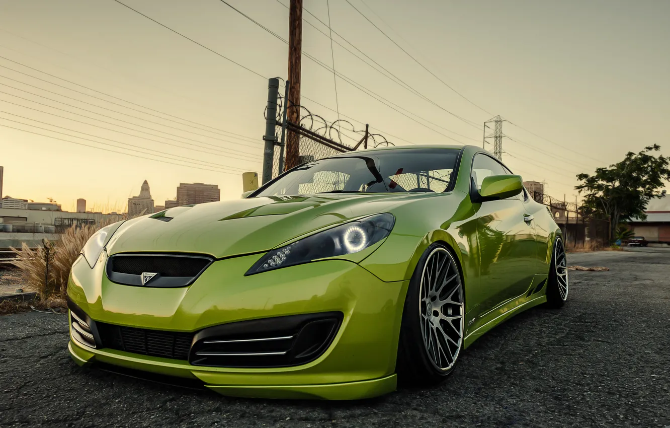 Photo wallpaper green, green, coupe, tuning, hyundai, Hyundai, stance, genesis