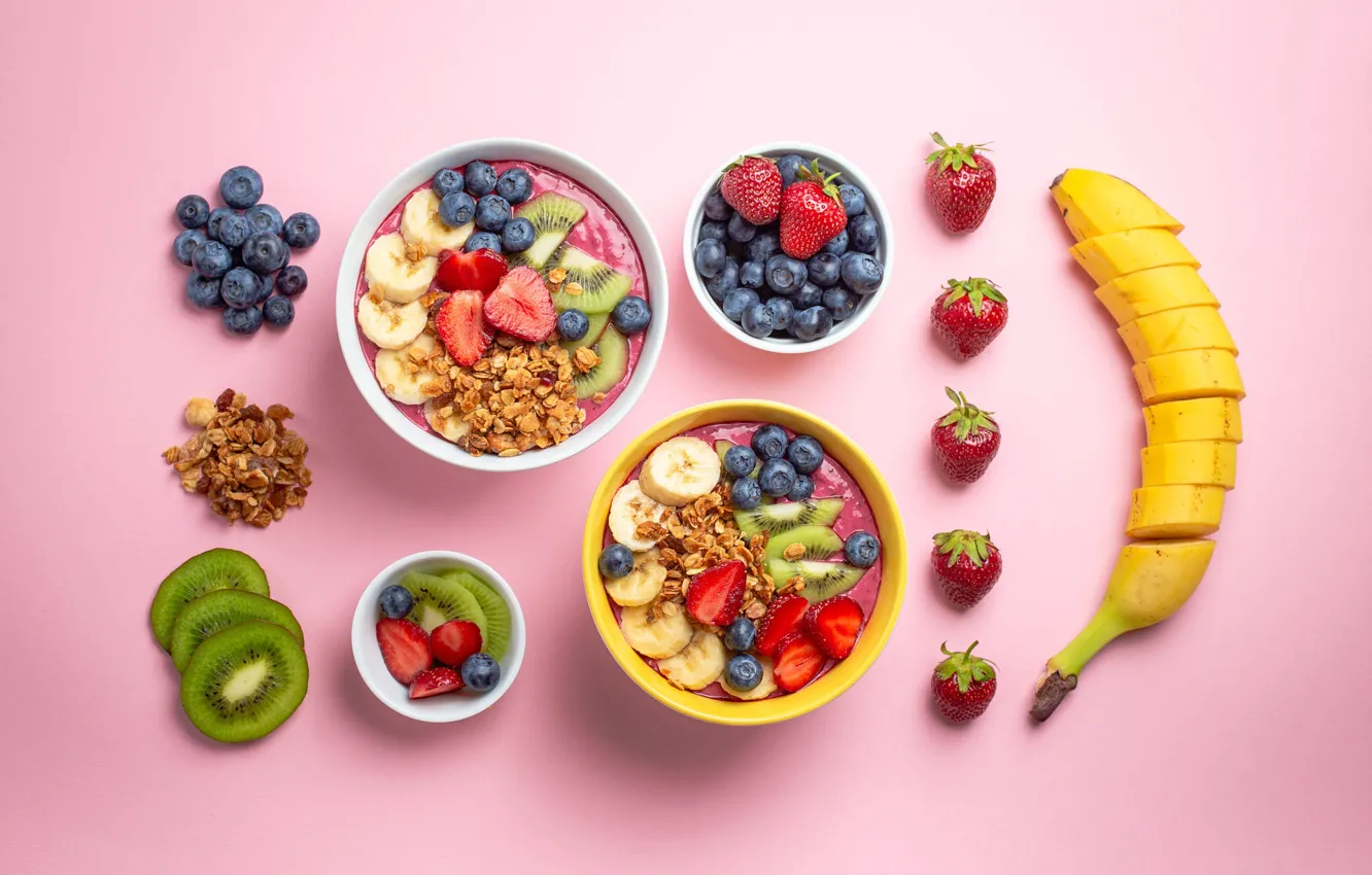 Photo wallpaper berries, Breakfast, kiwi, blueberries, strawberry, bananas, pink background, a lot