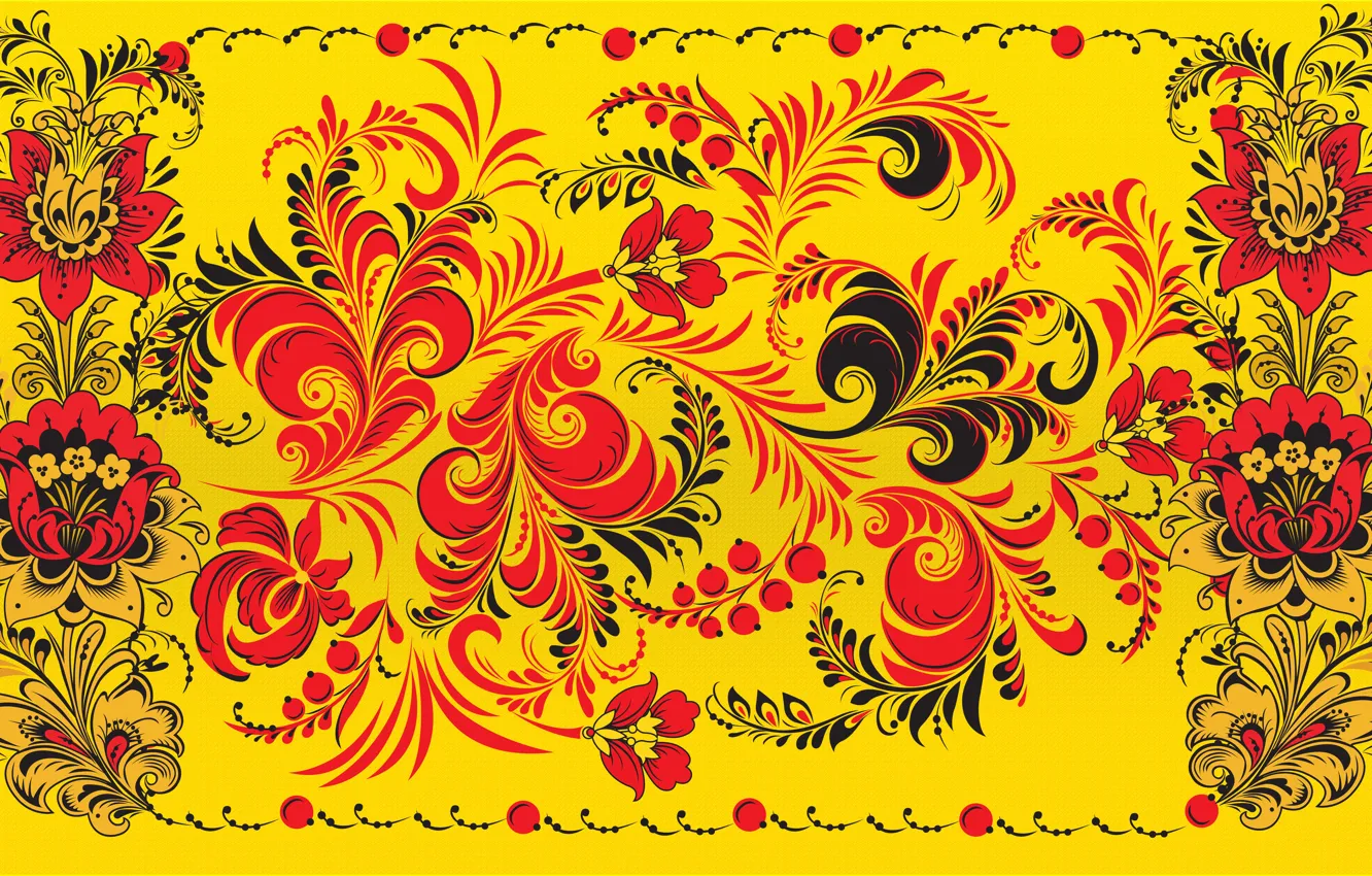 Photo wallpaper Flowers, Red, Yellow, Style, Background, Painting, Art, Khokhloma