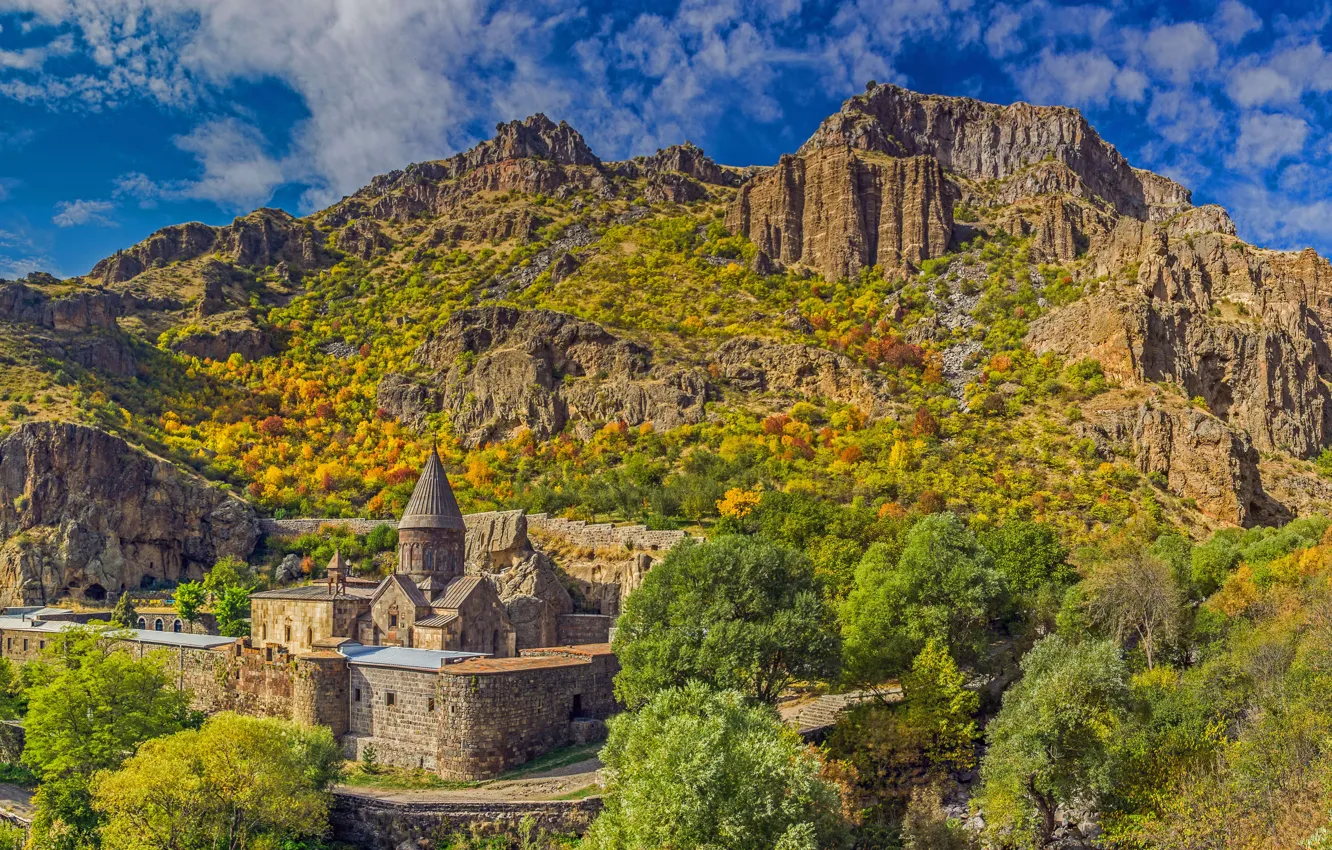 Photo wallpaper mountains, panorama, Armenia, Geghard Monastery