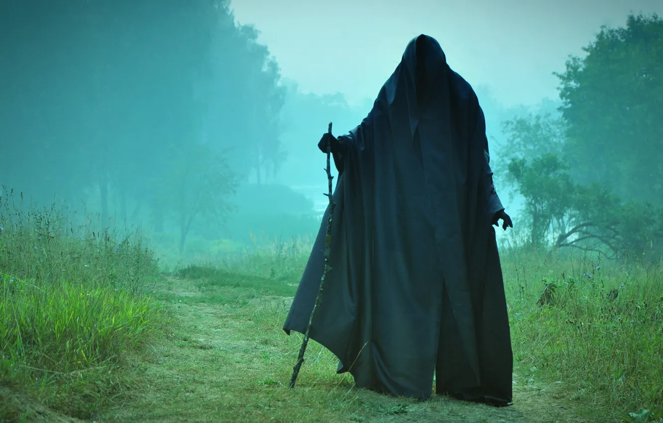 Photo wallpaper fog, death, meeting, staff, the end, black cloak, on the road, Sawan