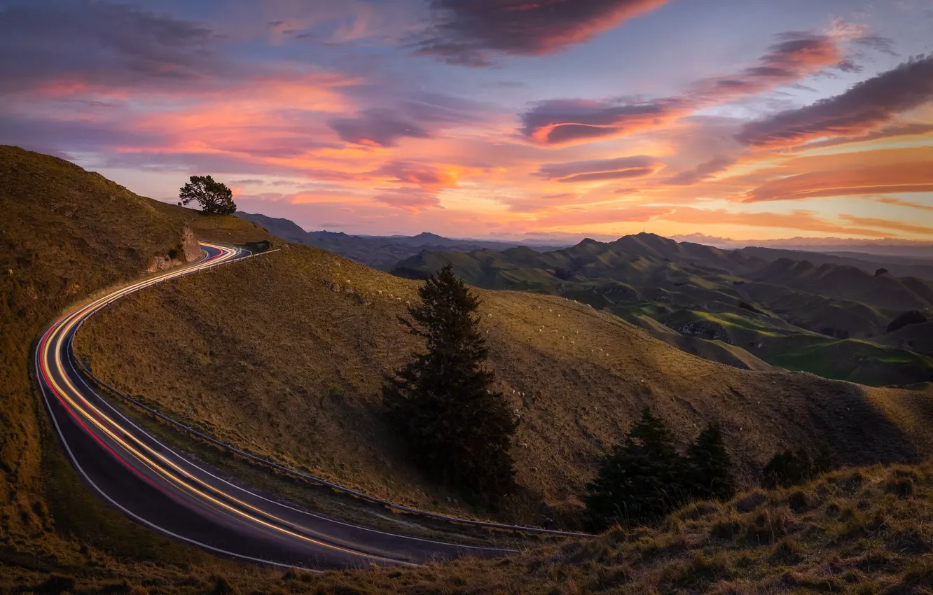 Photo wallpaper road, sunset, mountains, hills, New Zealand, New Zealand, Hawke's Bay, Hawke's Bay