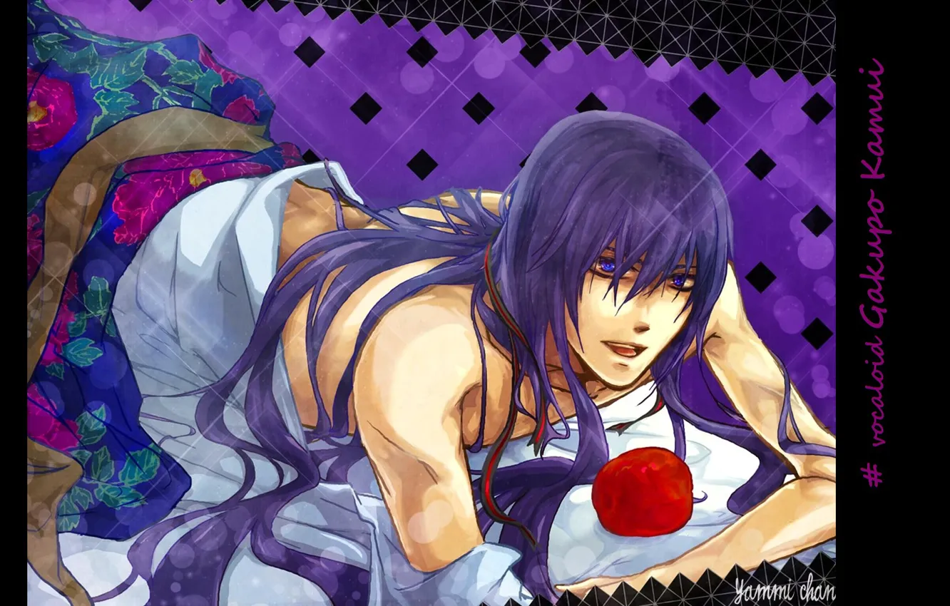 Photo wallpaper vocaloid, Vocaloid, flirting, purple hair, red Apple, lying on the bed, Kamui Gakupo, Gakupo Kamui