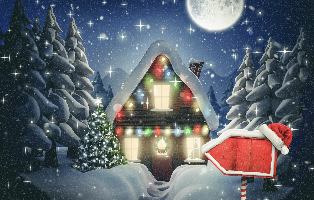 Photo wallpaper winter, snow, new year, Christmas, hut, Christmas, night, winter