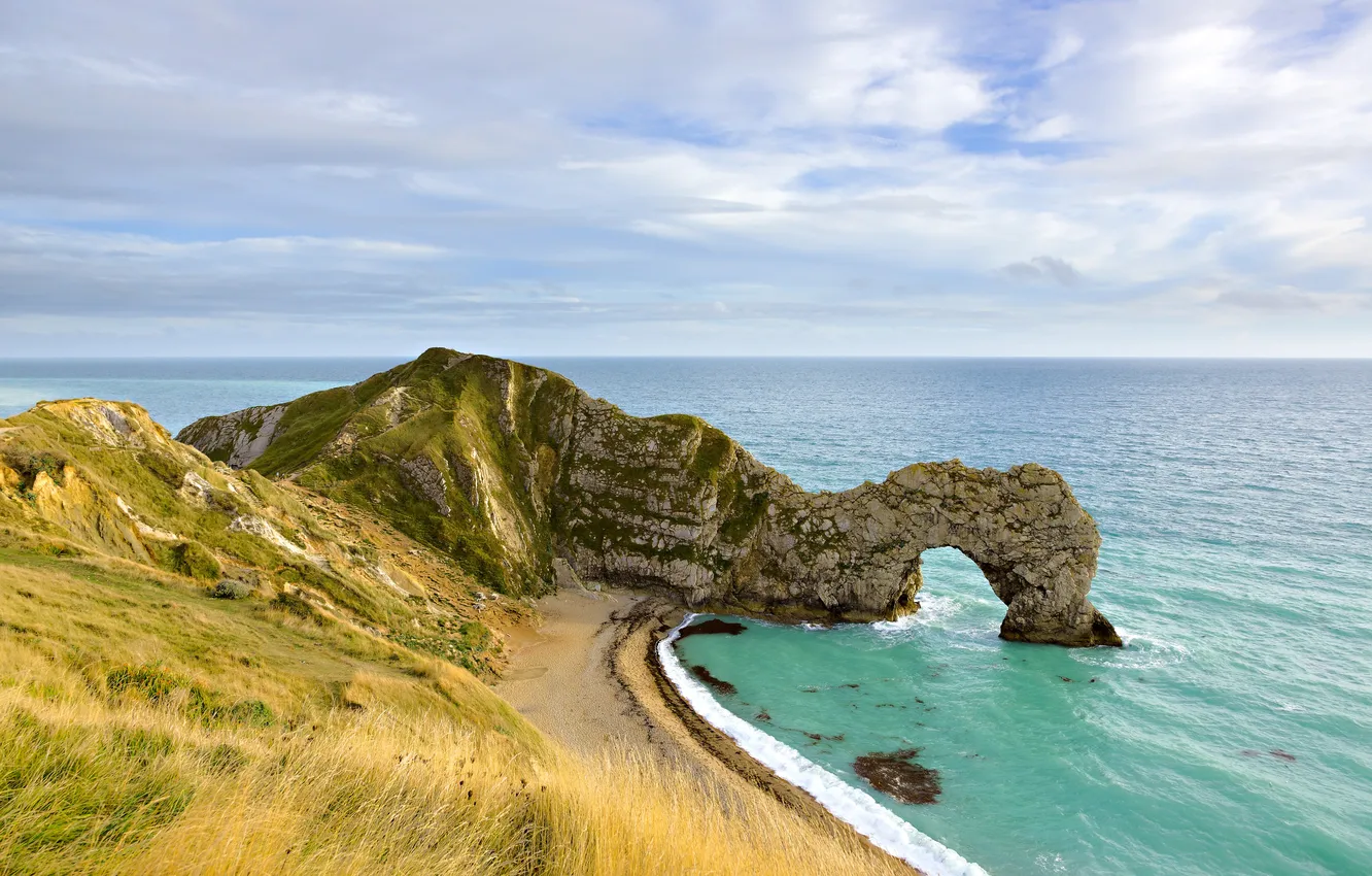 Photo wallpaper beach, coast, cloud, england, door, coastline, cliff, arch