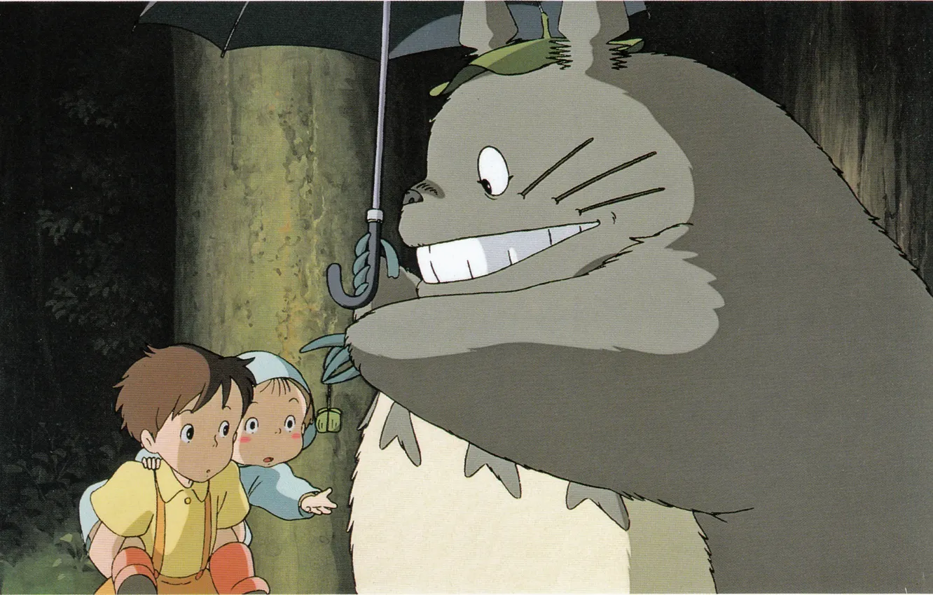 Photo wallpaper night, children, smile, gift, surprise, being, umbrella, my neighbor Totoro