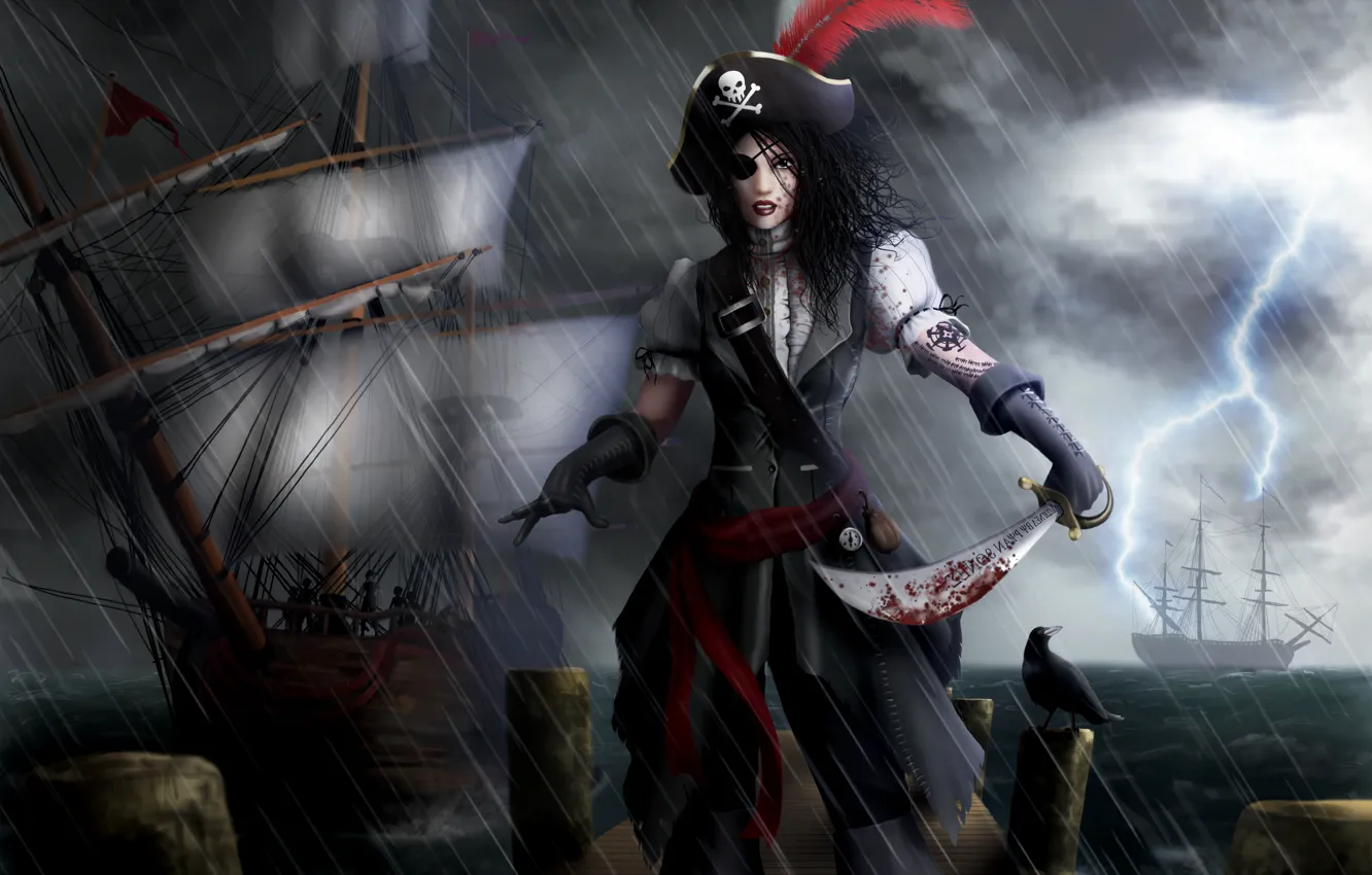 Photo wallpaper sea, girl, rain, lightning, blood, ship, feathers, art