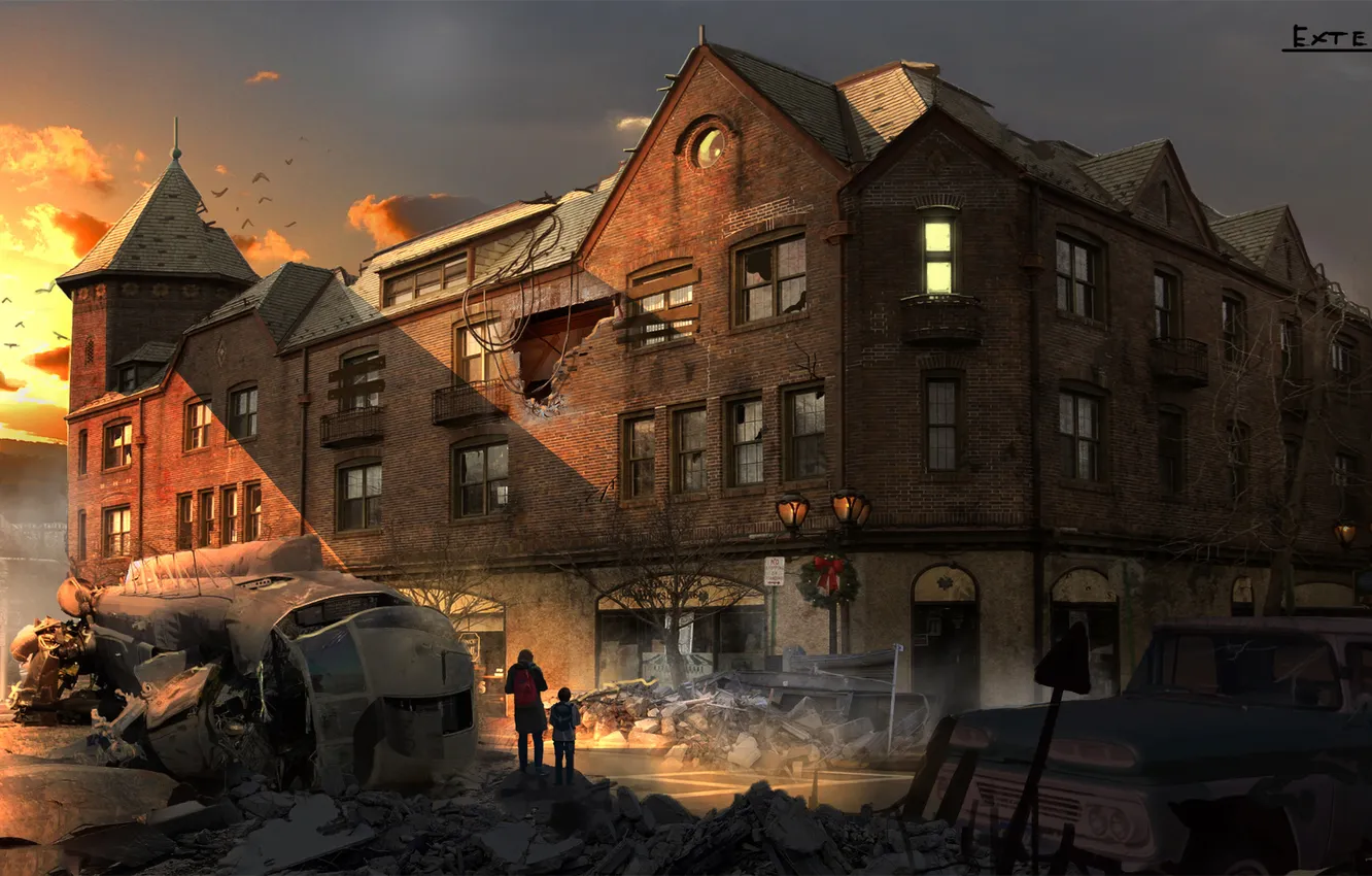 Photo wallpaper machine, building, helicopter, Corner Building Enviro Design