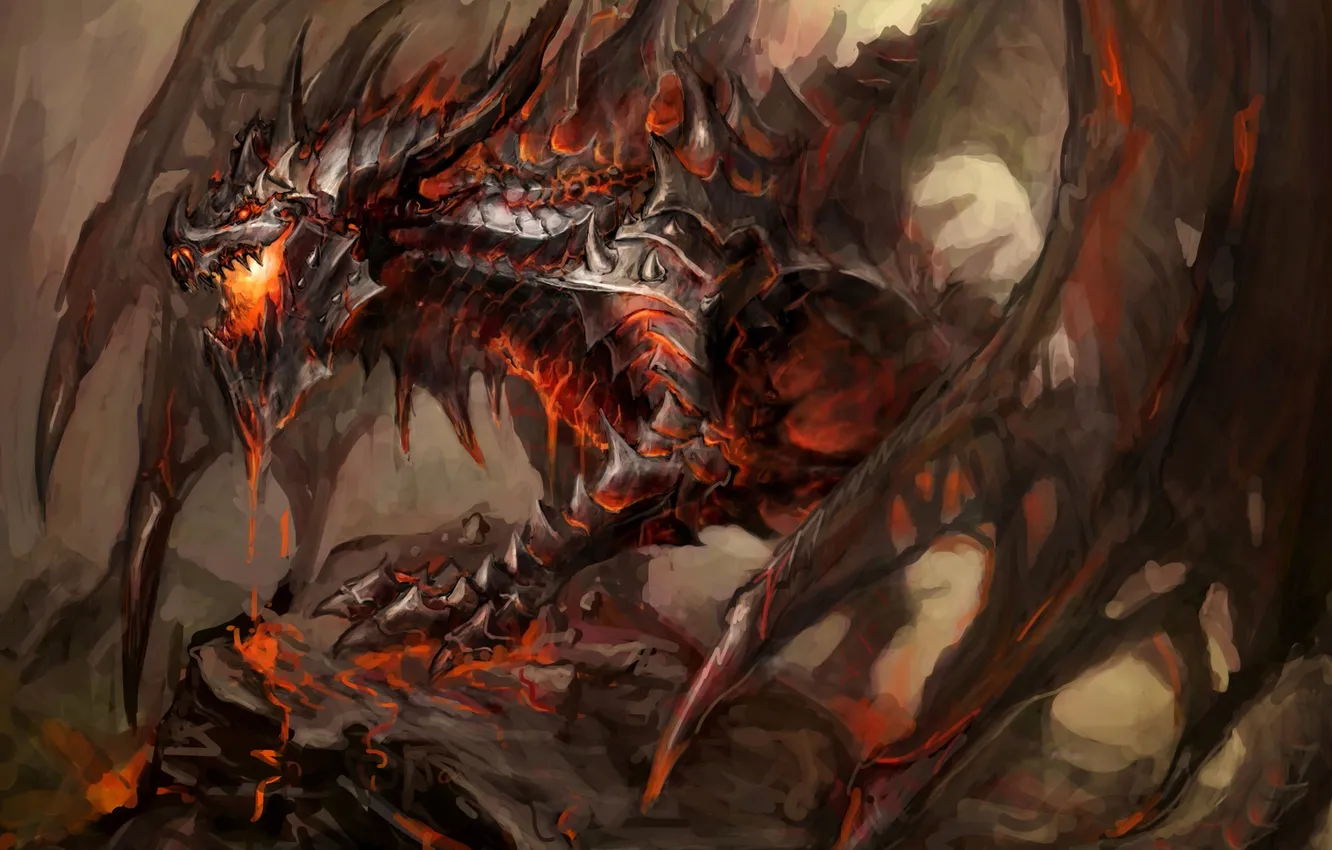 Photo wallpaper fiction, dragon, wings, art, mouth, claws, lava