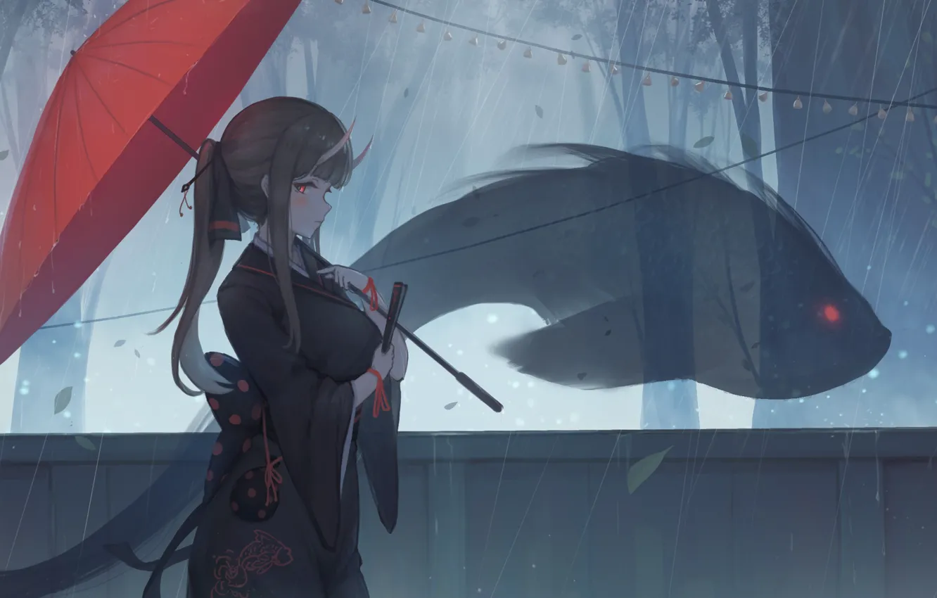 Photo wallpaper girl, trees, rain, fish, umbrella, the demon, fantasy, horns