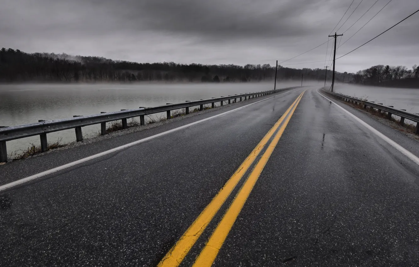 Photo wallpaper road, nature, fog, power lines