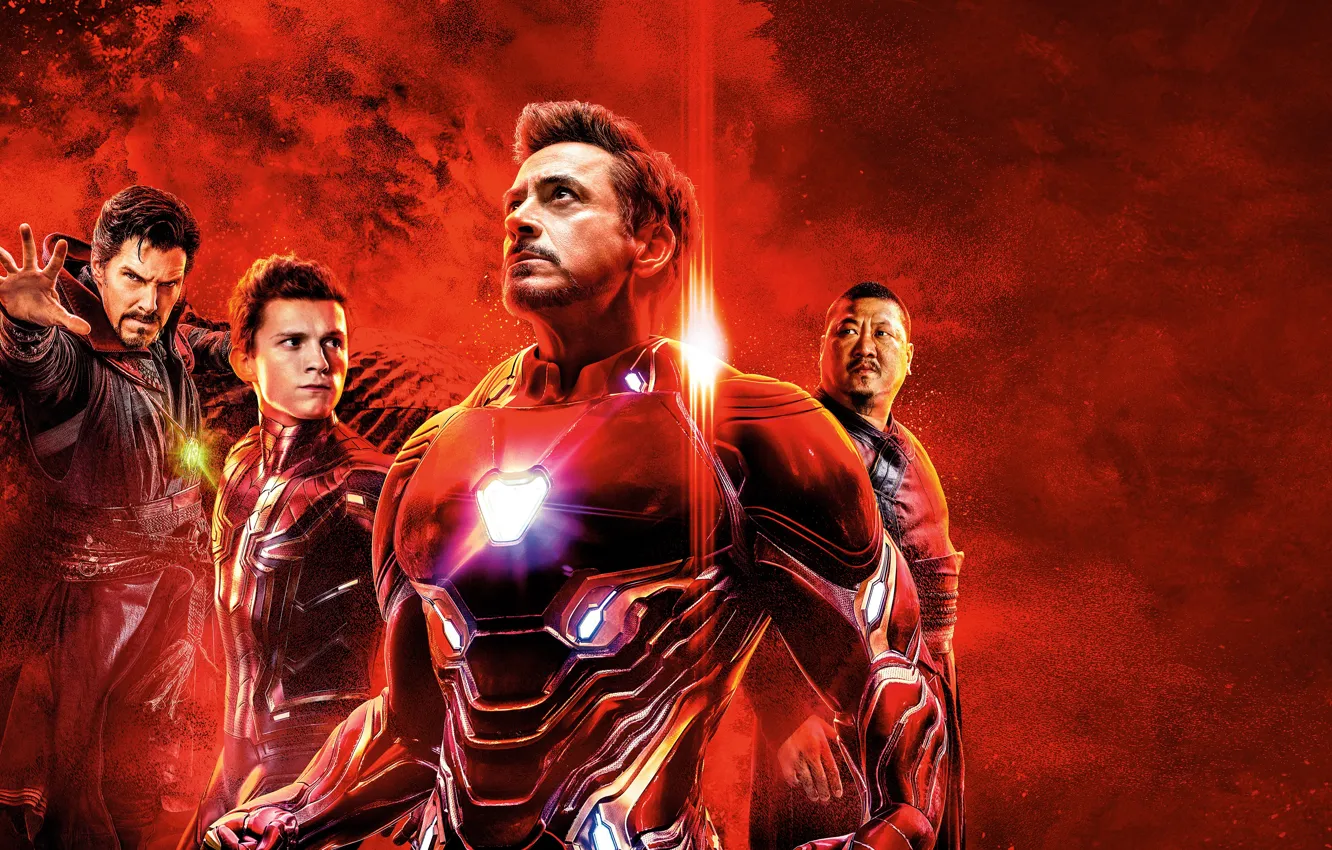 Photo wallpaper fiction, poster, red background, Iron Man, comic, Benedict Cumberbatch, Benedict Cumberbatch, Robert Downey Jr.