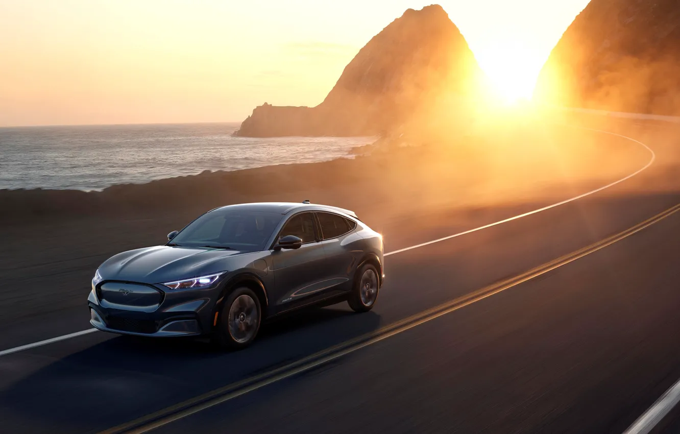 Photo wallpaper road, sea, the sun, rays, sunset, shore, speed, Ford
