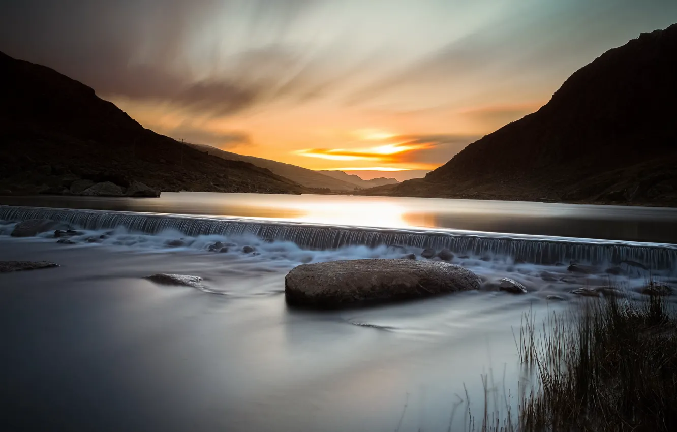 Photo wallpaper mountains, river, sunrise, Wales, Snowdonia