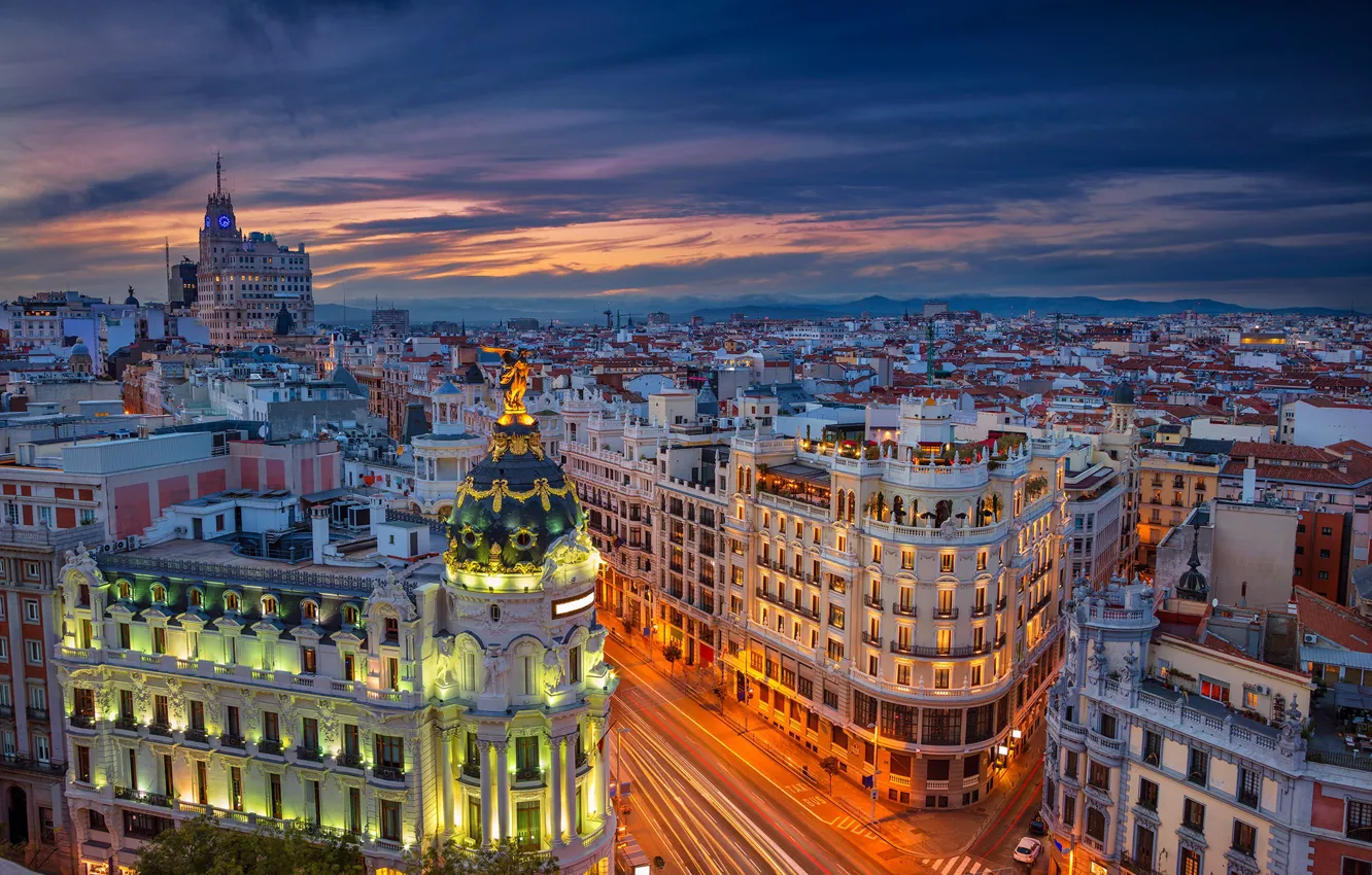 Photo wallpaper street, building, Spain, Spain, Madrid, Madrid, Gran Via, Gran Via
