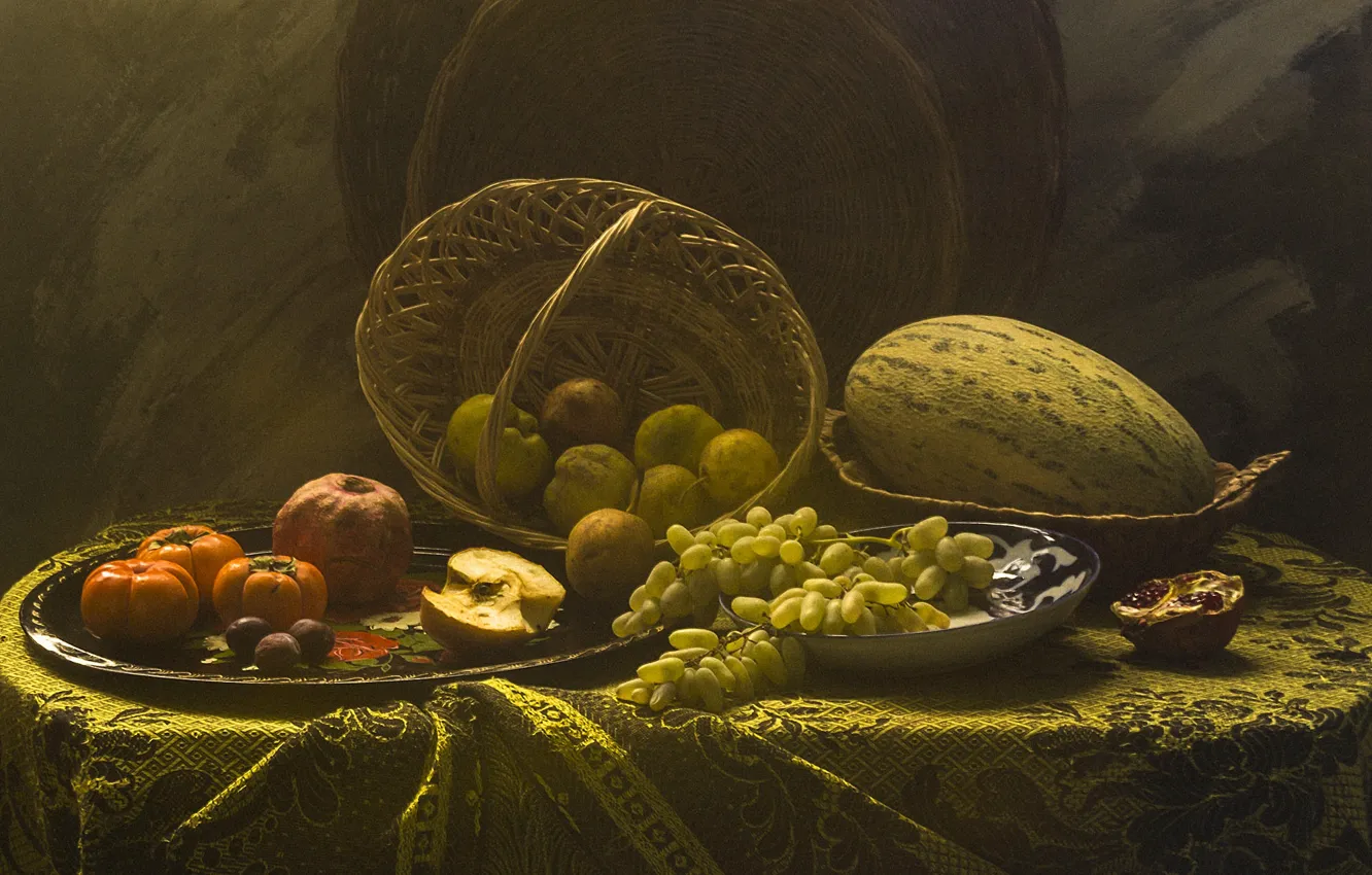 Photo wallpaper light, table, plate, grapes, fruit, still life, basket, plum