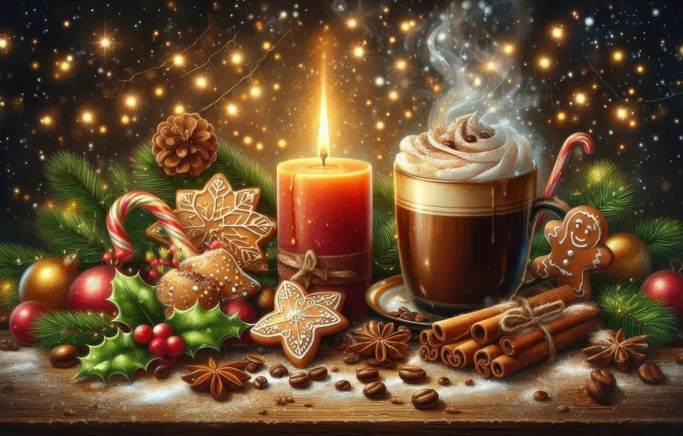 Photo wallpaper balls, Board, new year, coffee, cookies, Christmas, cane, Cup