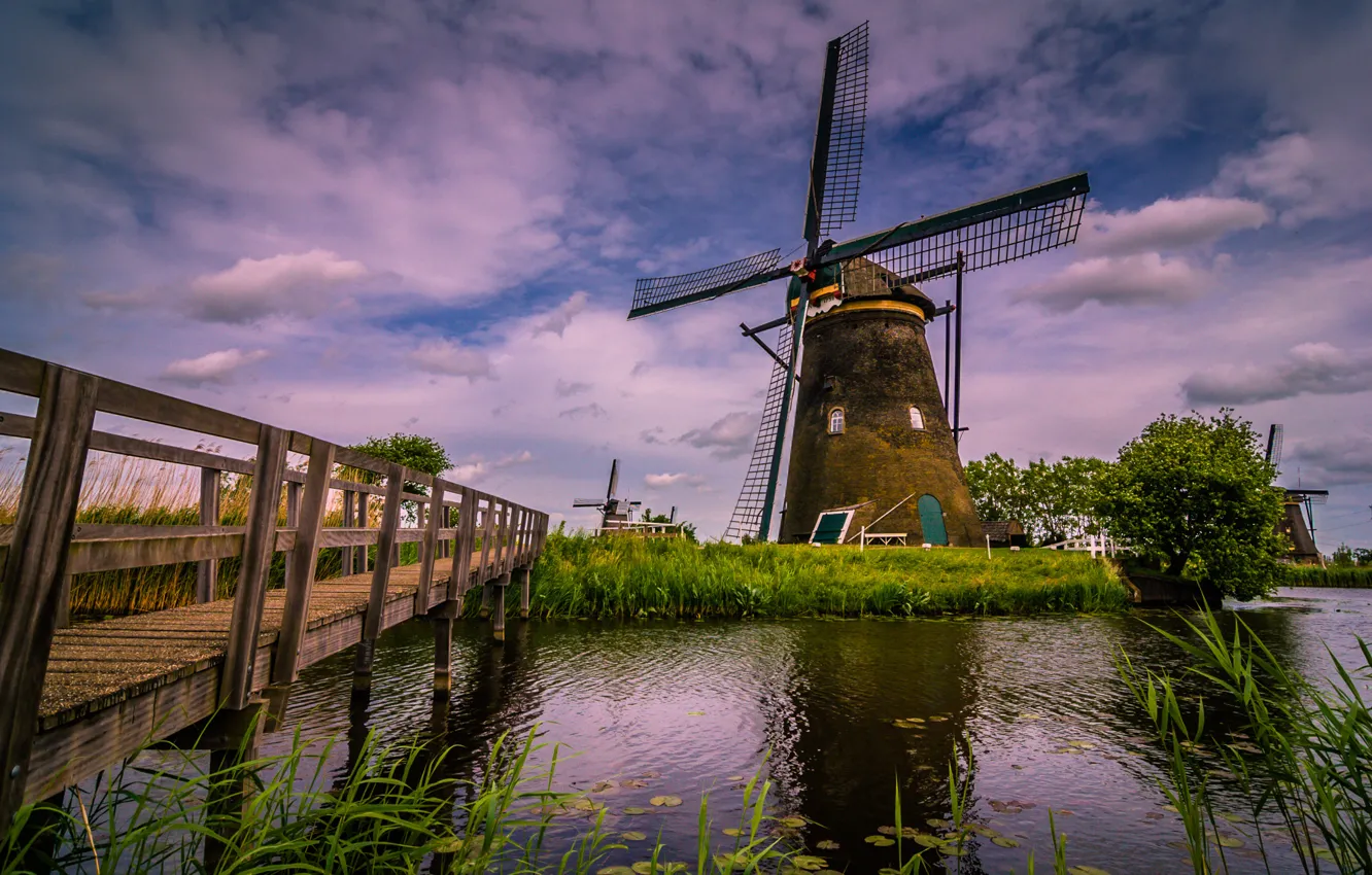 Photo wallpaper bridge, river, channel, Netherlands, windmill, Kinderdijk, Kinderdijk