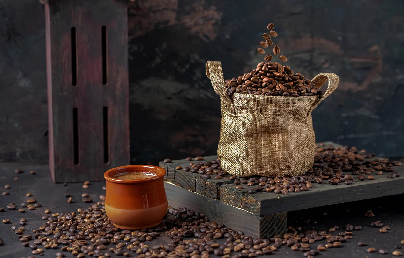 Photo wallpaper coffee, grain, pouch