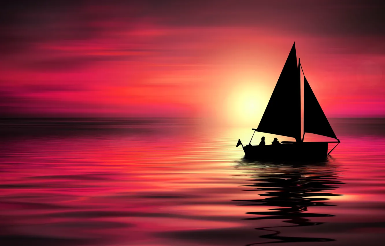 Photo wallpaper sea, sunset, boat, sail