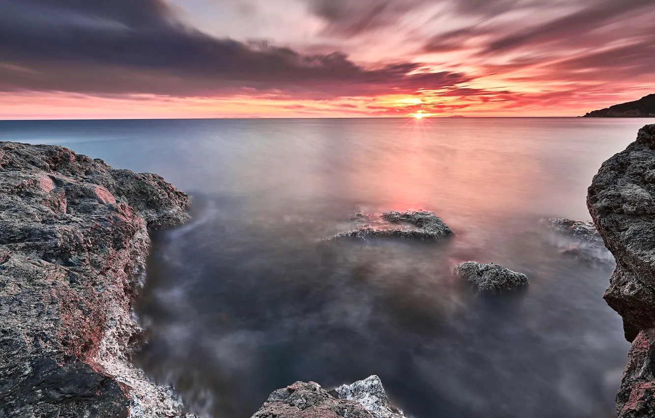 Photo wallpaper sea, the sky, the sun, clouds, landscape, sunset, clouds, nature