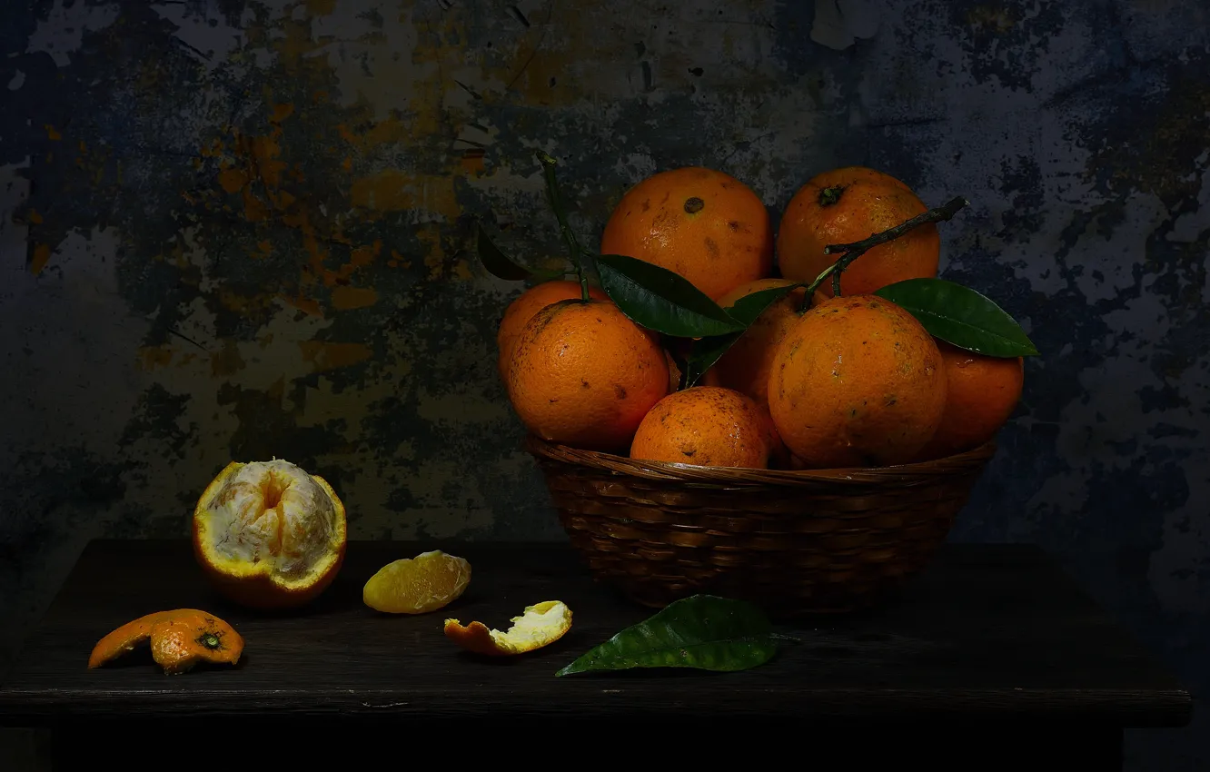 Photo wallpaper the dark background, table, still life, tangerines