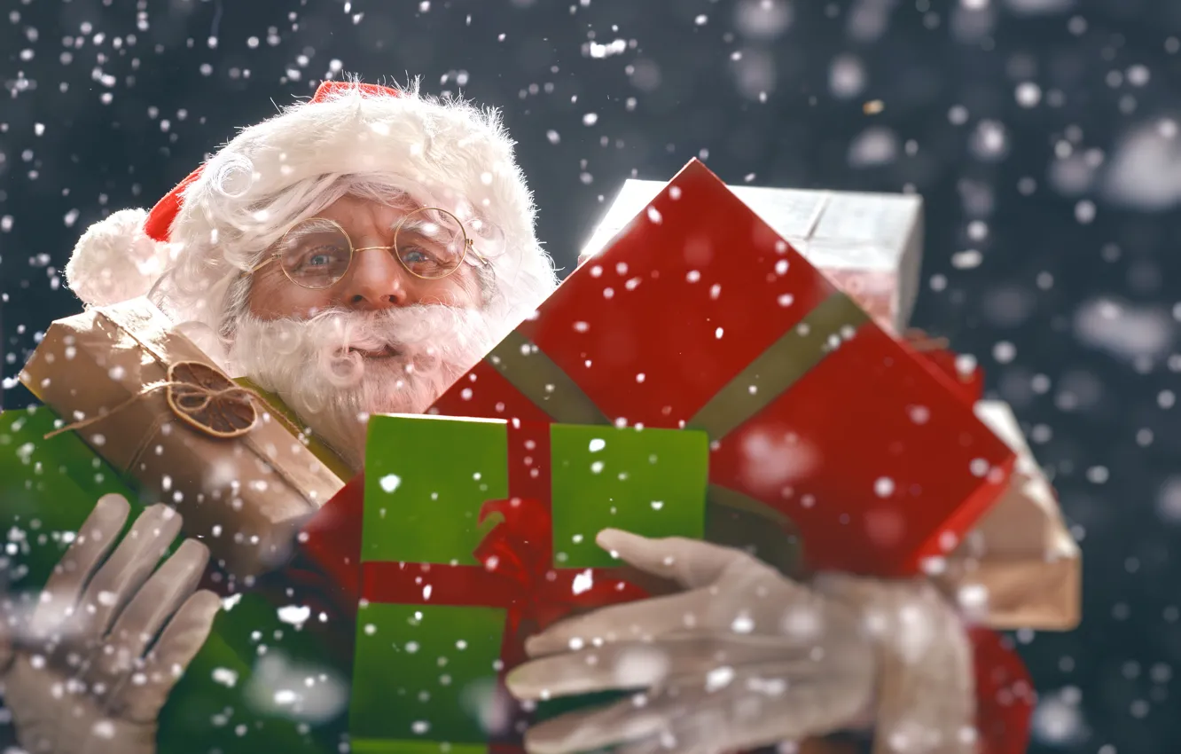 Photo wallpaper snow, New Year, Christmas, Santa Claus, Gifts