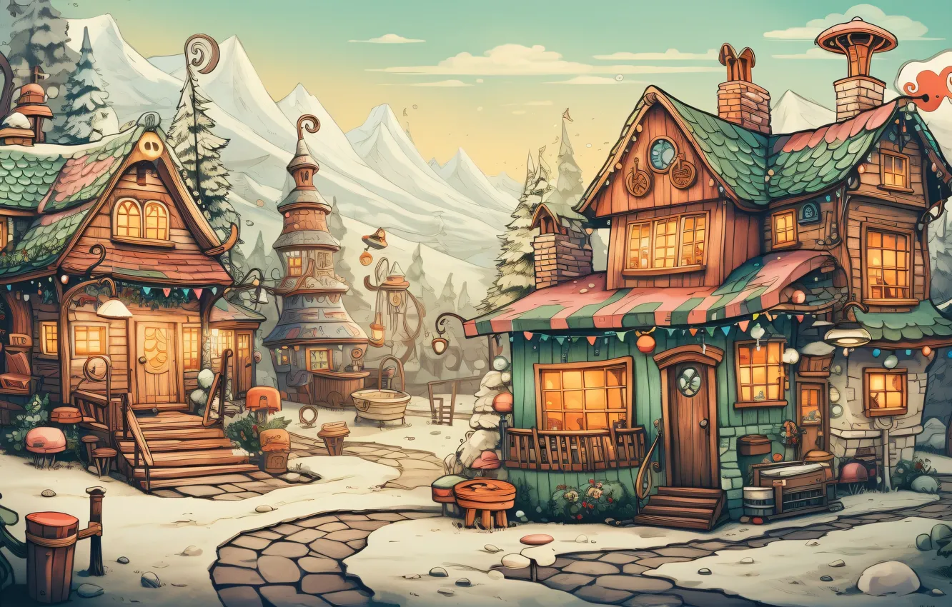 Photo wallpaper winter, snow, holiday, graphics, tree, new year, home, Christmas