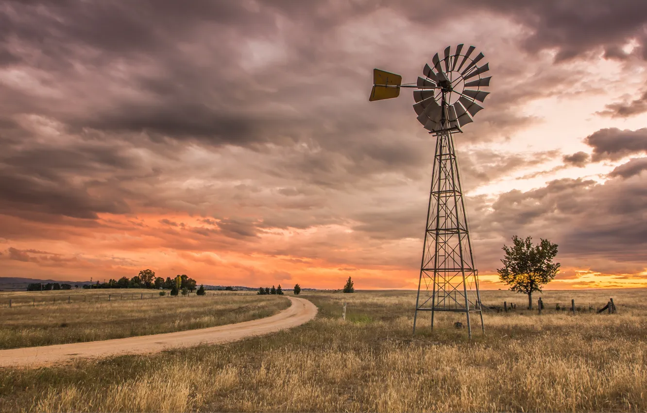Photo wallpaper landscape, windmills, Australia, New South Wales, Brewongle, O'Connell Rd, Spinning Wheel Country Australia