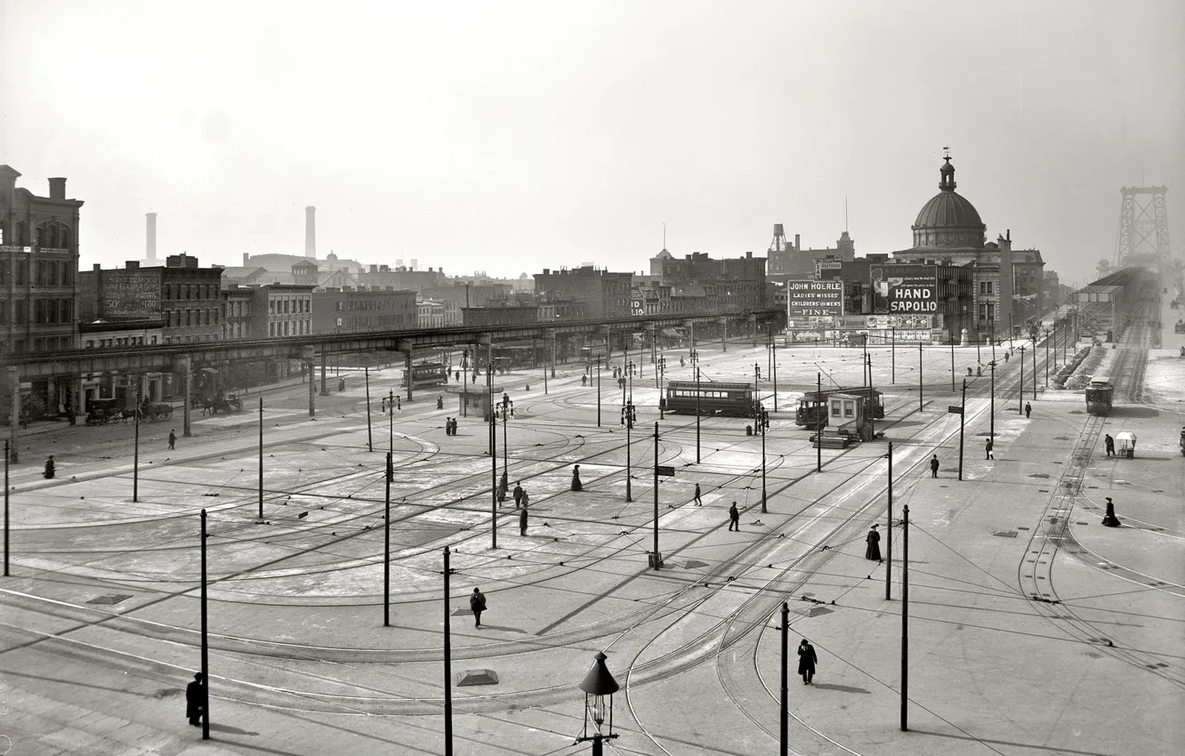Photo wallpaper retro, New York, Brooklyn, area, tram, USA, Williamsburg bridge