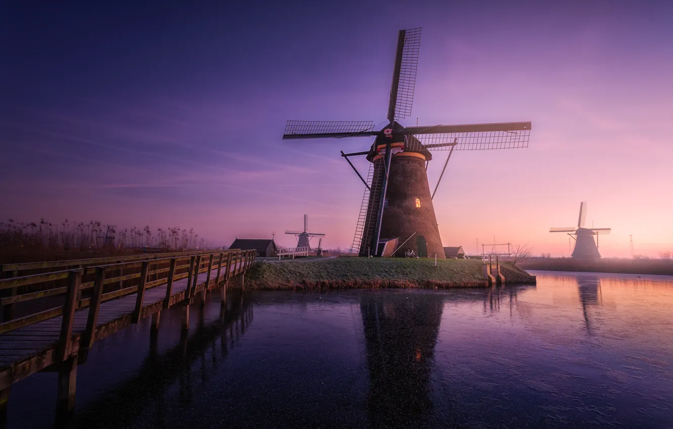 Photo wallpaper the evening, morning, haze, Netherlands, Windmills