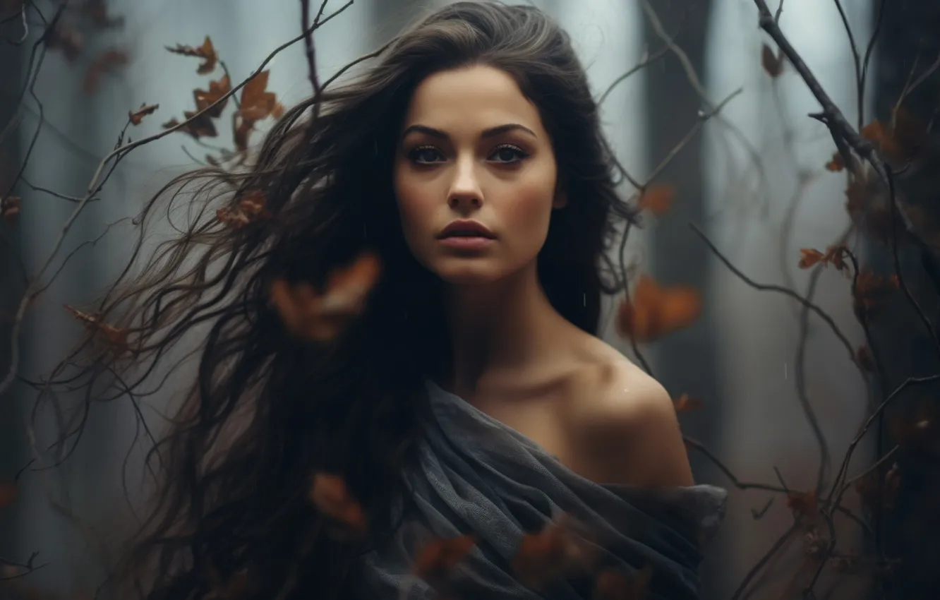 Photo wallpaper autumn, forest, look, girl, trees, branches, nature, face