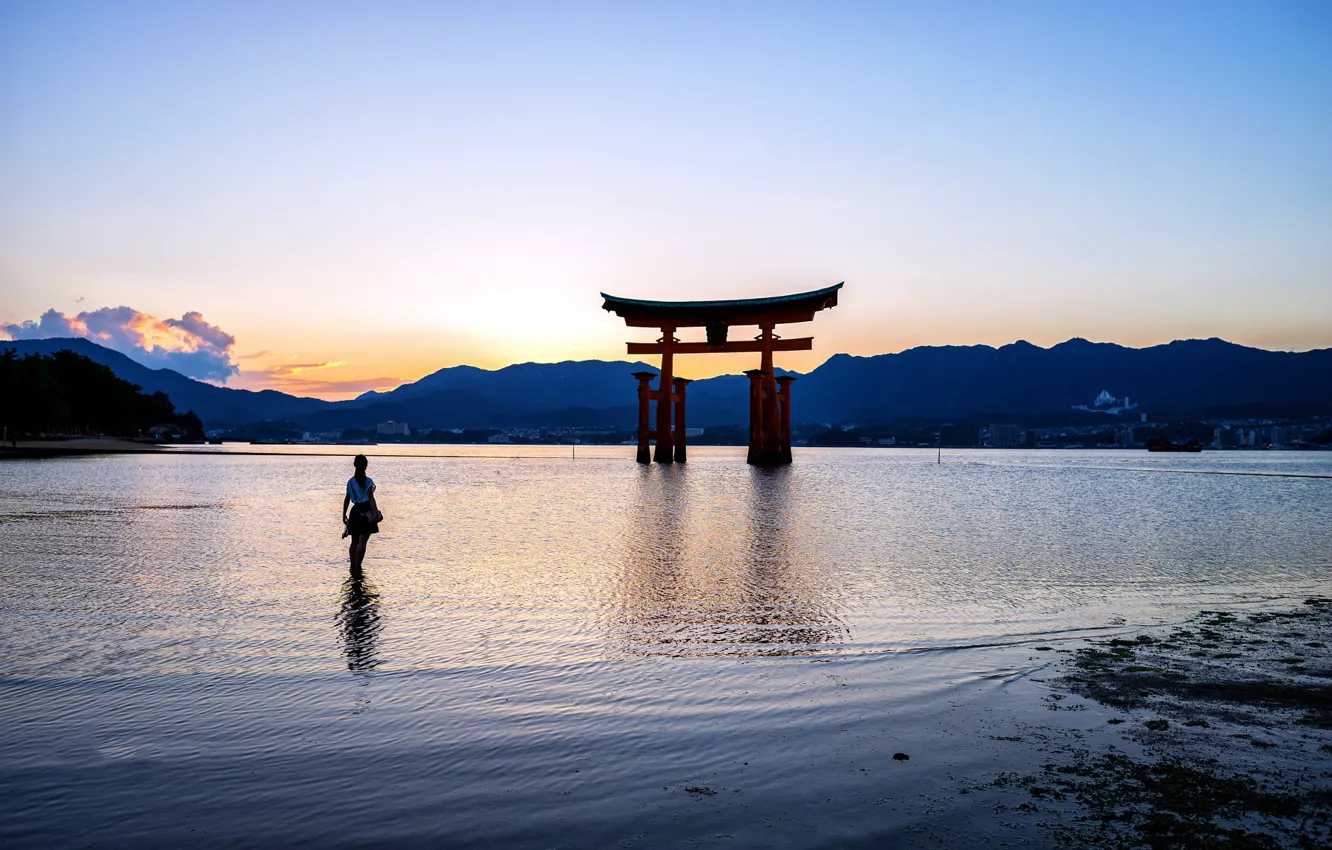 Photo wallpaper sunset, lake, shore, Japan