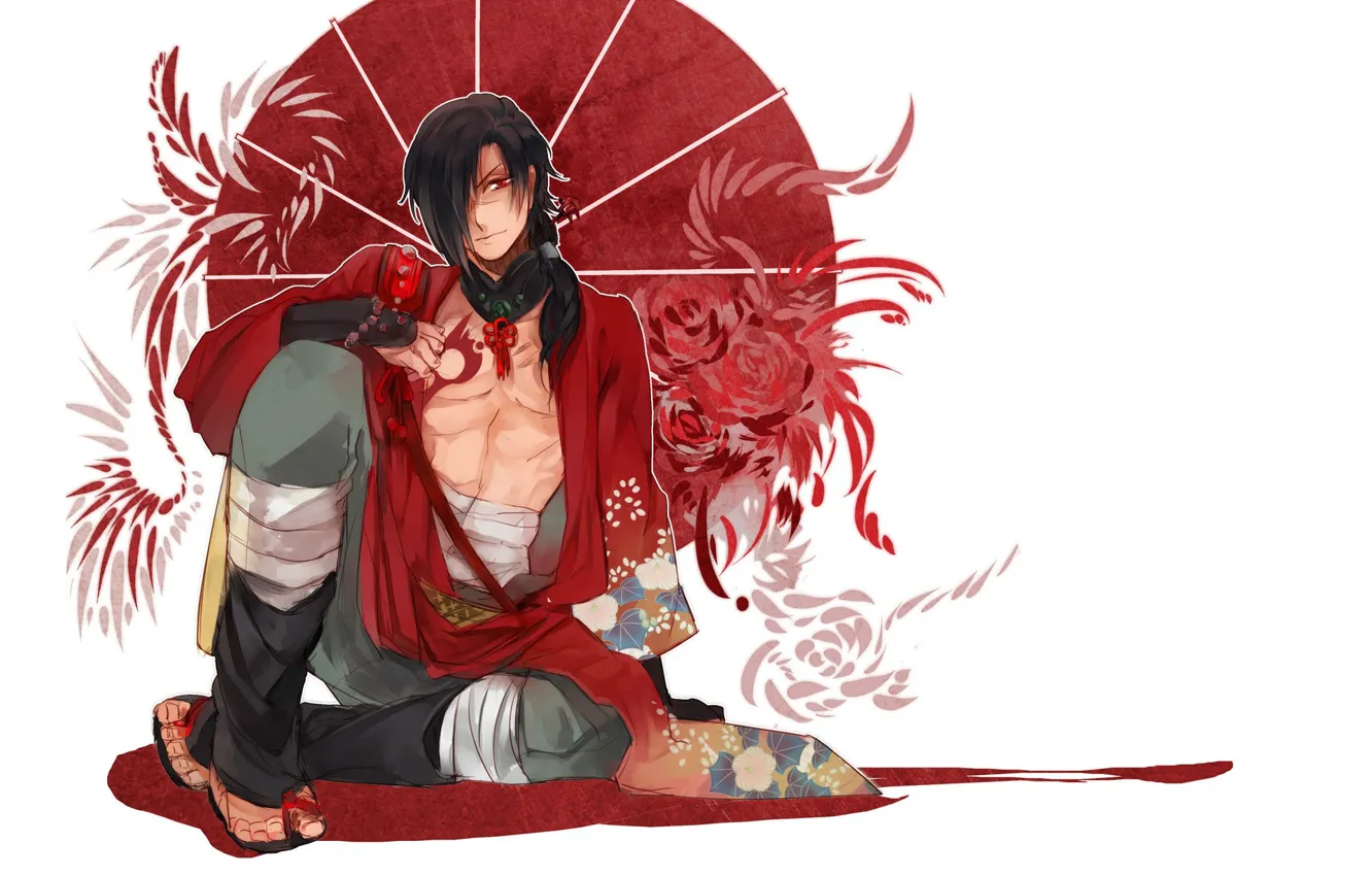 Photo wallpaper pattern, umbrella, white background, guy, kimono, red eyes, dramatic murder, dramatical murder