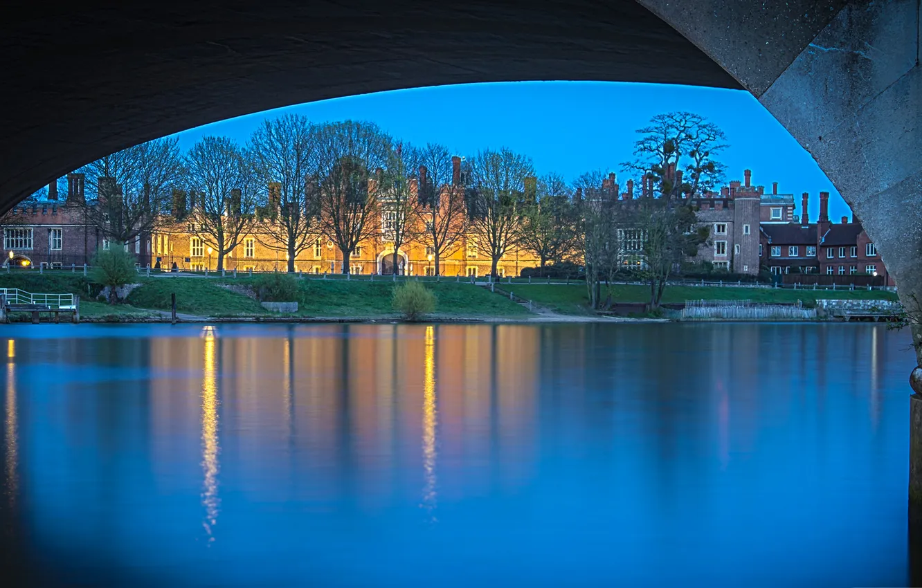 Photo wallpaper bridge, lights, river, England, home, the evening, arch