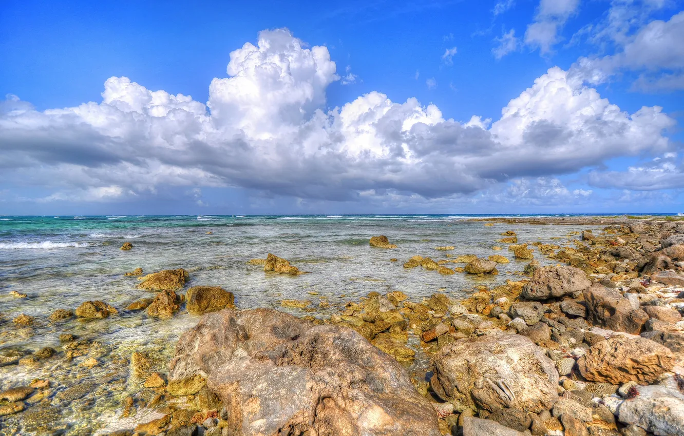 Photo wallpaper sea, the sky, clouds, stones, shore