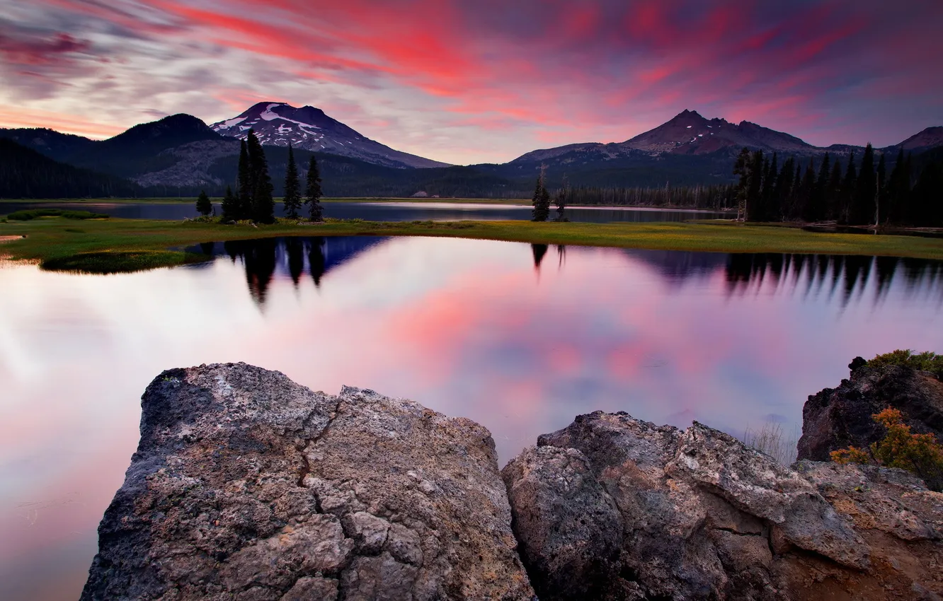 Photo wallpaper the sky, sunset, lake, stones