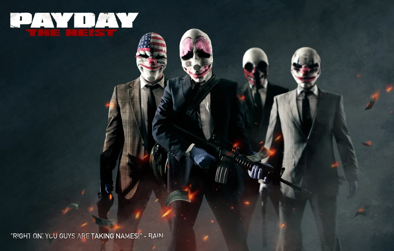 Photo wallpaper weapons, people, mask, dollars, the robbers, Payday, The Heist