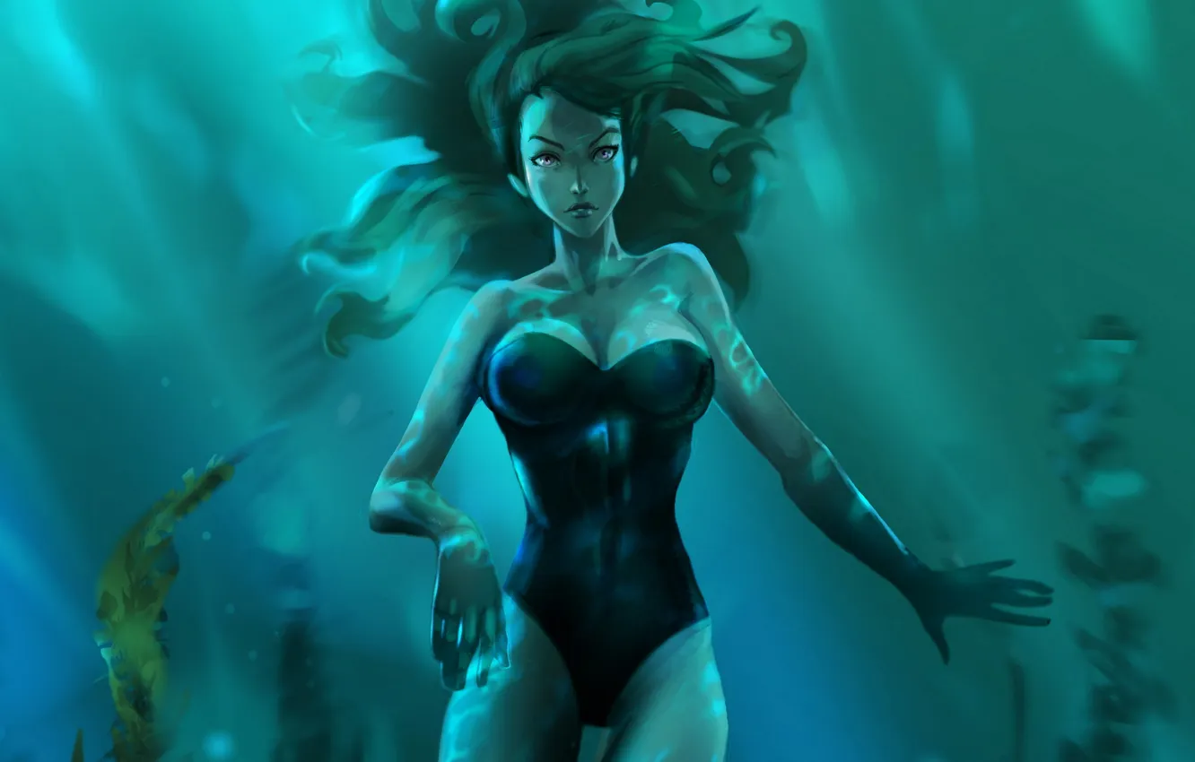 Photo wallpaper girl, algae, glare, under water