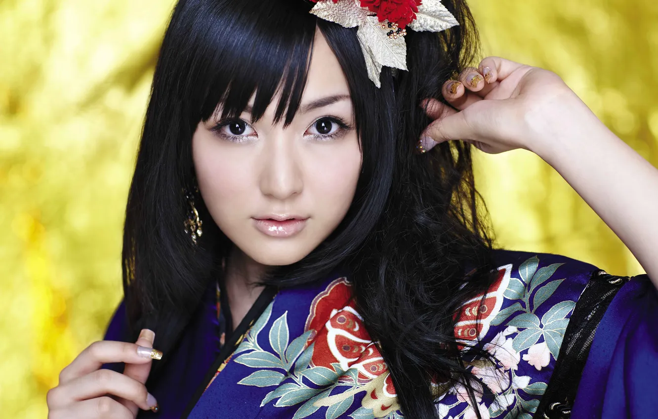 Photo wallpaper look, girl, flowers, Japan, kimono