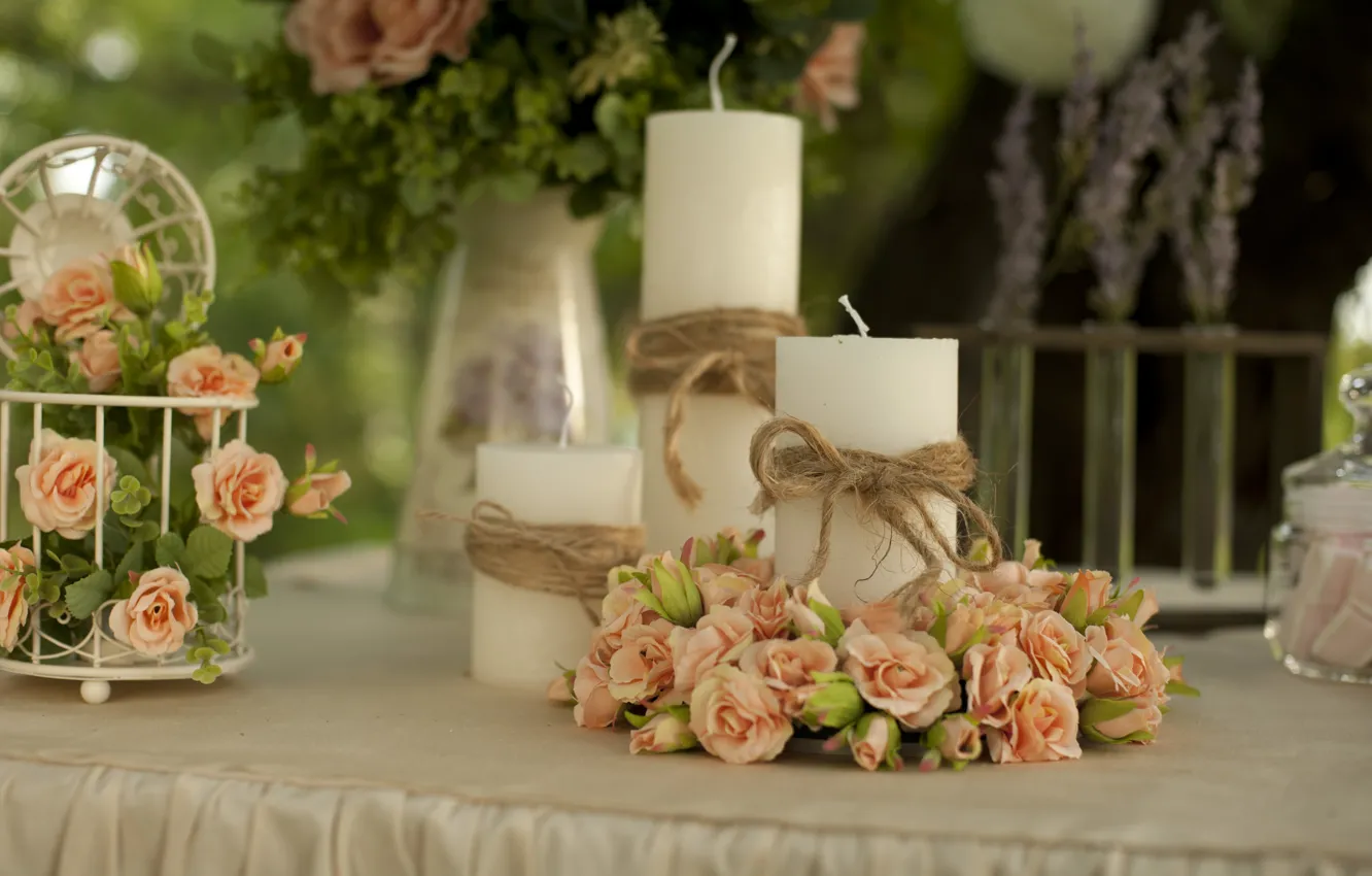 Photo wallpaper flowers, tenderness, roses, bouquet, candles, decor