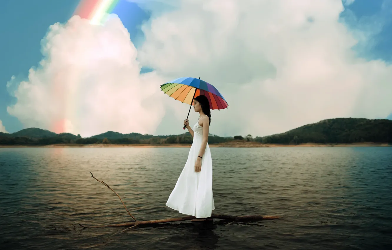 Photo wallpaper girl, river, umbrella