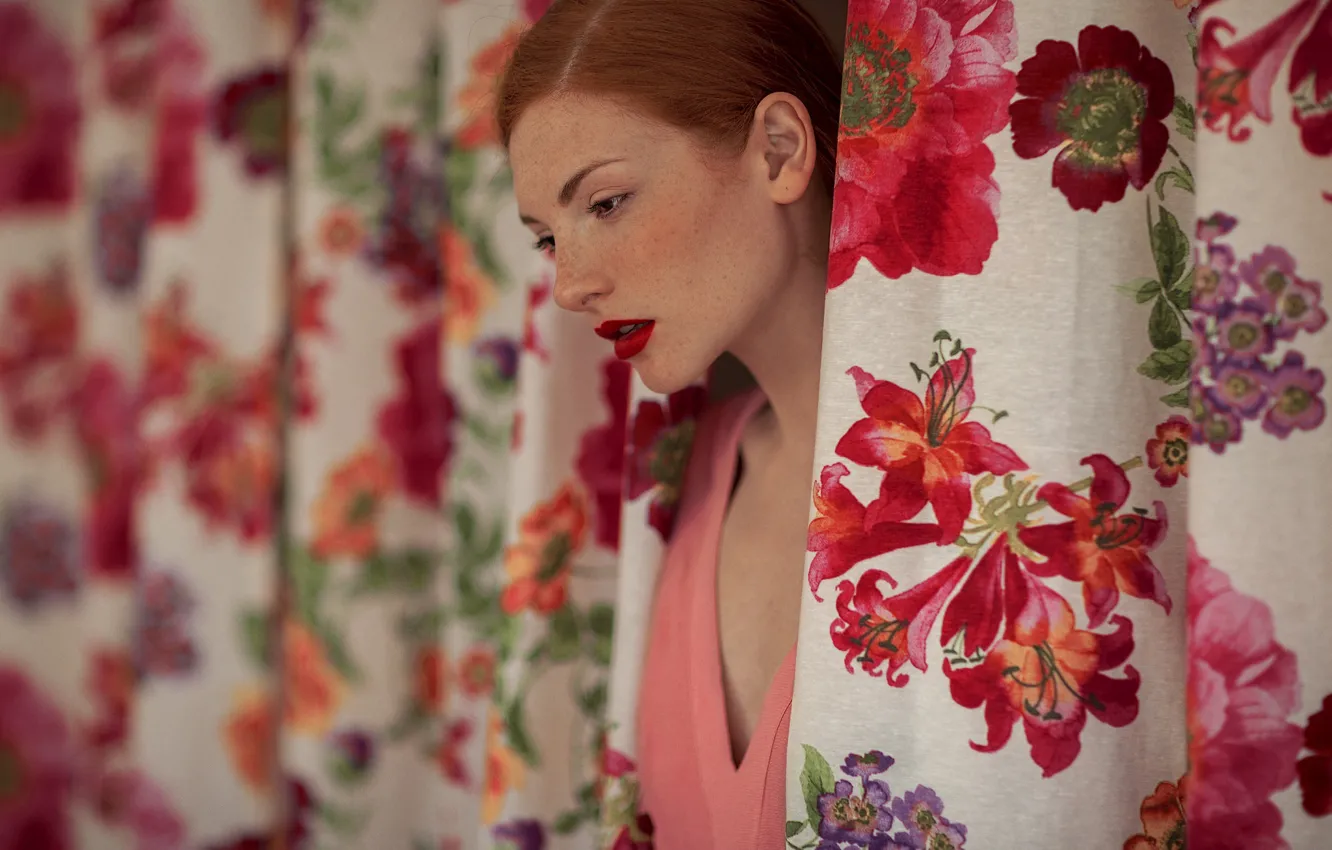 Photo wallpaper girl, flowers, face, makeup, freckles, red, curtains, redhead