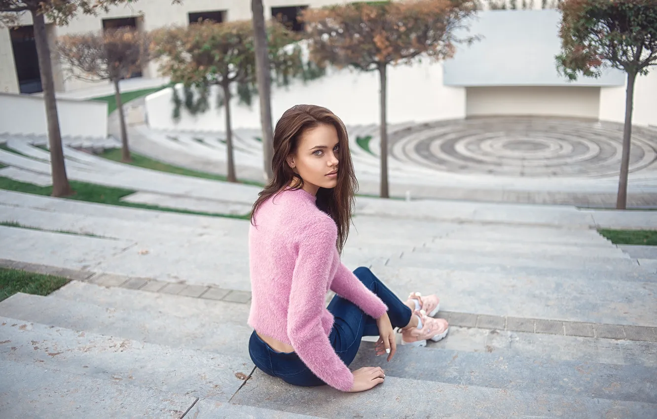 Photo wallpaper look, girl, photo, back, jeans, ladder, sitting, sweater